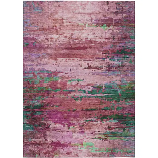 Pink Mauve And Green Abstract Washable Indoor Outdoor Area Rug Photo 9