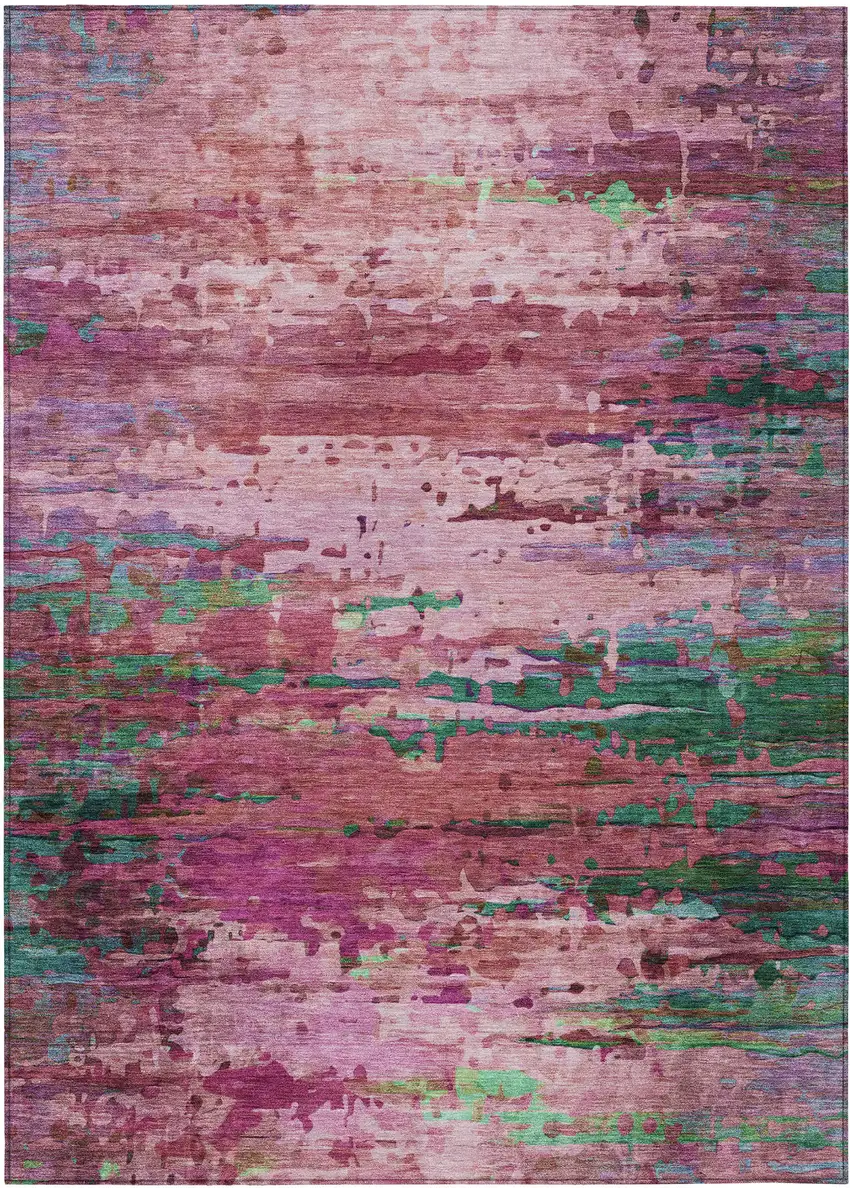 Pink Mauve And Green Abstract Washable Indoor Outdoor Area Rug Photo 9