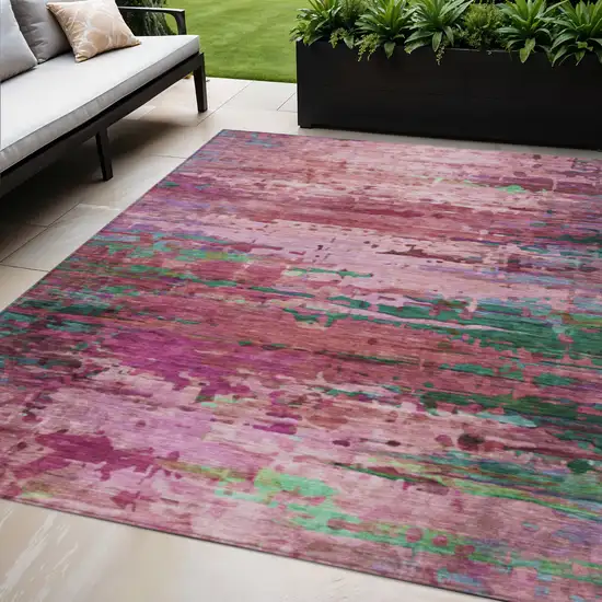 Pink Mauve And Green Abstract Washable Indoor Outdoor Area Rug Photo 2