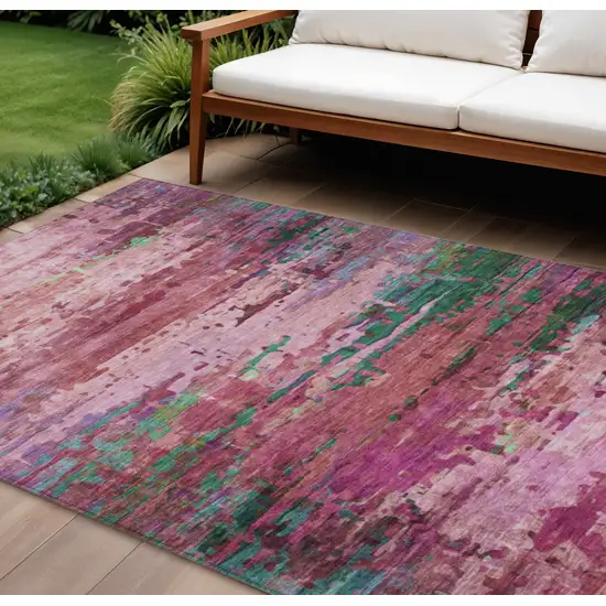 Pink Mauve And Green Abstract Washable Indoor Outdoor Area Rug Photo 2