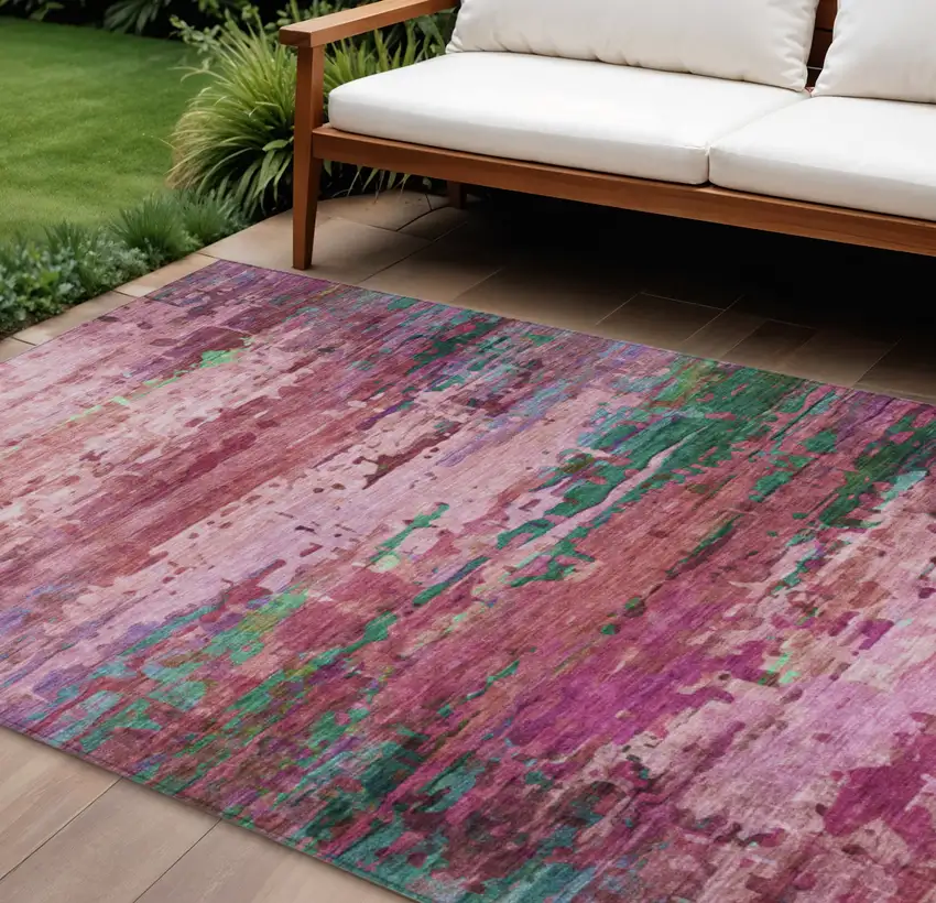 Pink Mauve And Green Abstract Washable Indoor Outdoor Area Rug Photo 2