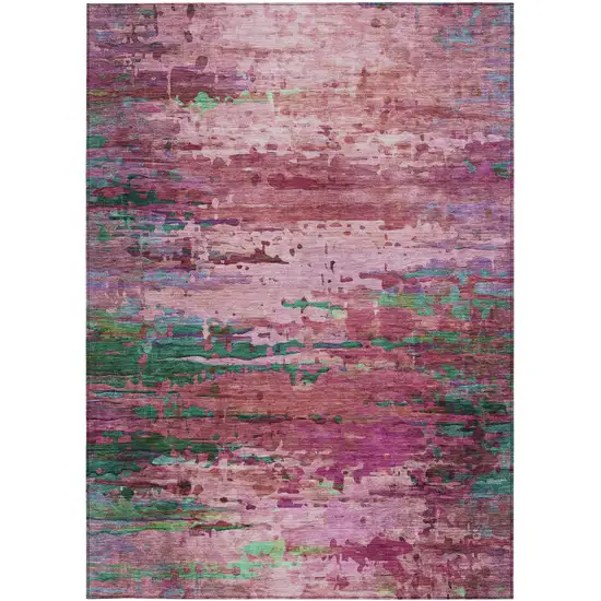 Pink Mauve And Green Abstract Washable Indoor Outdoor Area Rug Photo 7