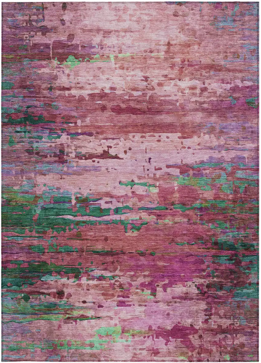 Pink Mauve And Green Abstract Washable Indoor Outdoor Area Rug Photo 7