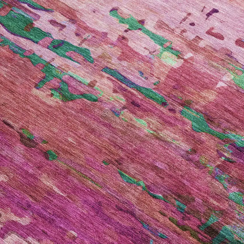 Pink Mauve And Green Abstract Washable Indoor Outdoor Area Rug Photo 3