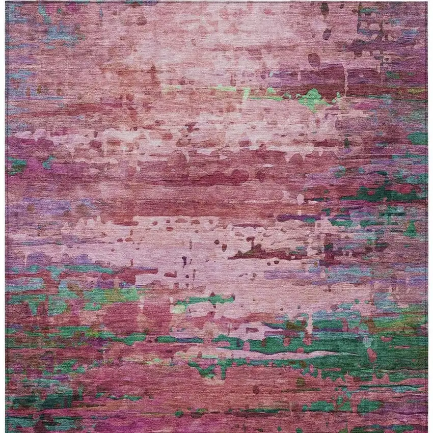 Pink Mauve And Green Abstract Washable Indoor Outdoor Area Rug Photo 6