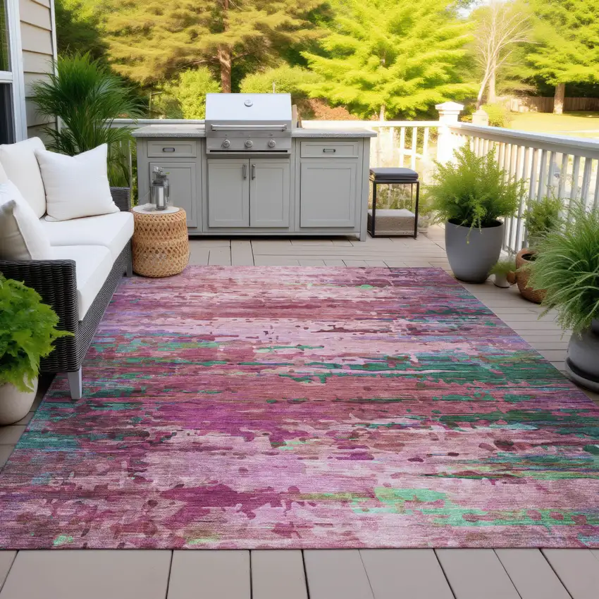 Pink Mauve And Green Abstract Washable Indoor Outdoor Area Rug Photo 4