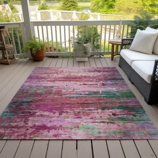 Pink Mauve And Green Abstract Washable Indoor Outdoor Area Rug Photo 7