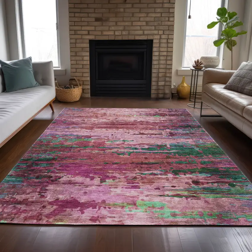 Pink Mauve And Green Abstract Washable Indoor Outdoor Area Rug Photo 7