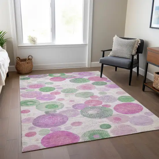 Pink Mauve And Green Geometric Washable Indoor Outdoor Area Rug Photo 7