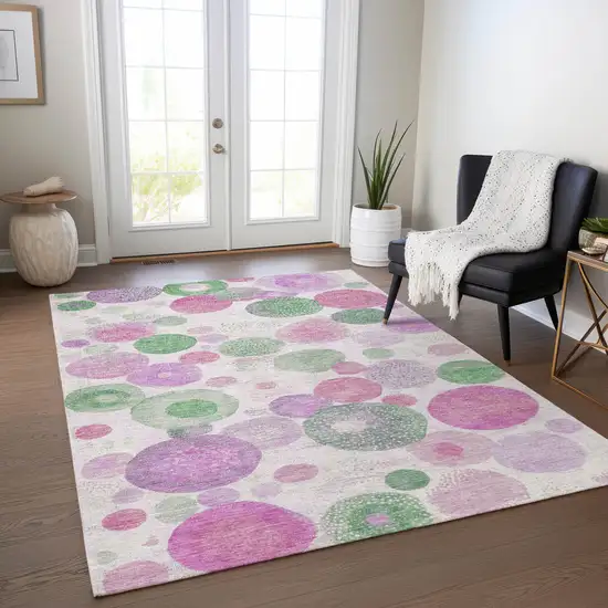 Pink Mauve And Green Geometric Washable Indoor Outdoor Area Rug Photo 6