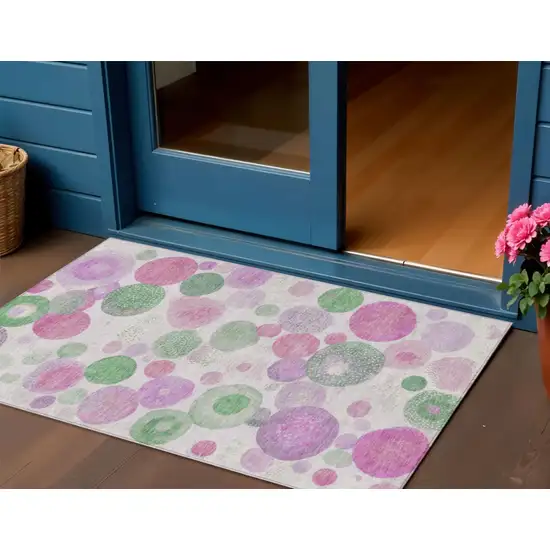 Pink Mauve And Green Geometric Washable Indoor Outdoor Area Rug Photo 2