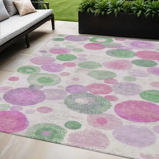 Pink Mauve And Green Geometric Washable Indoor Outdoor Area Rug Photo 2