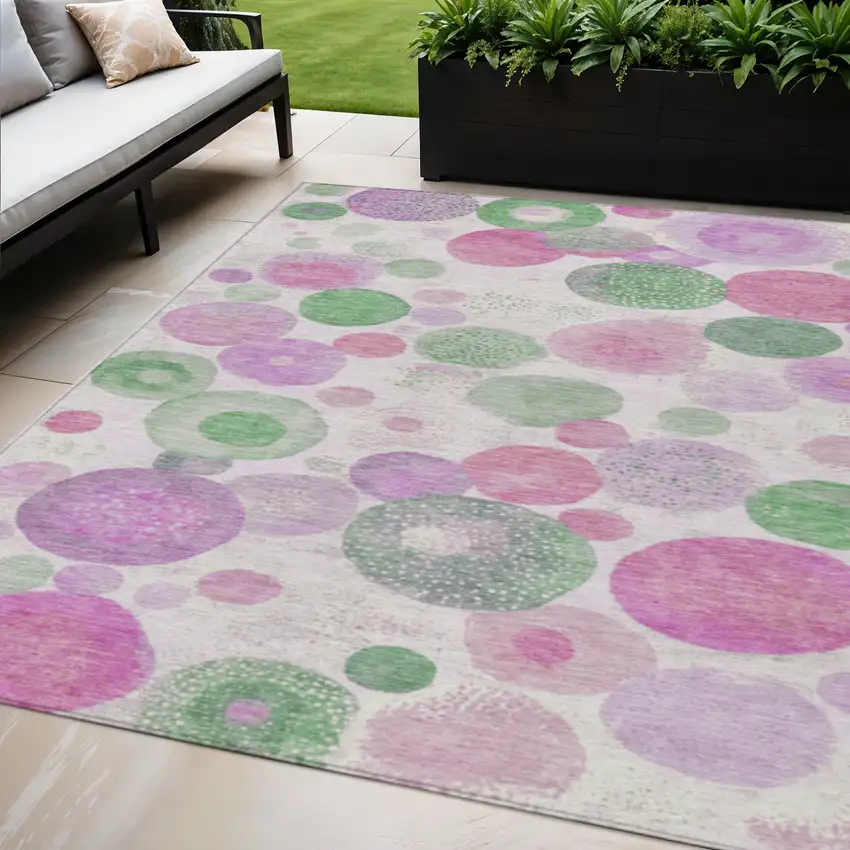Pink Mauve And Green Geometric Washable Indoor Outdoor Area Rug Photo 2