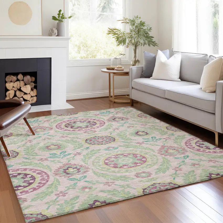 Pink Mauve And Mint Green Floral Washable Indoor Outdoor Area Rug Photo 7