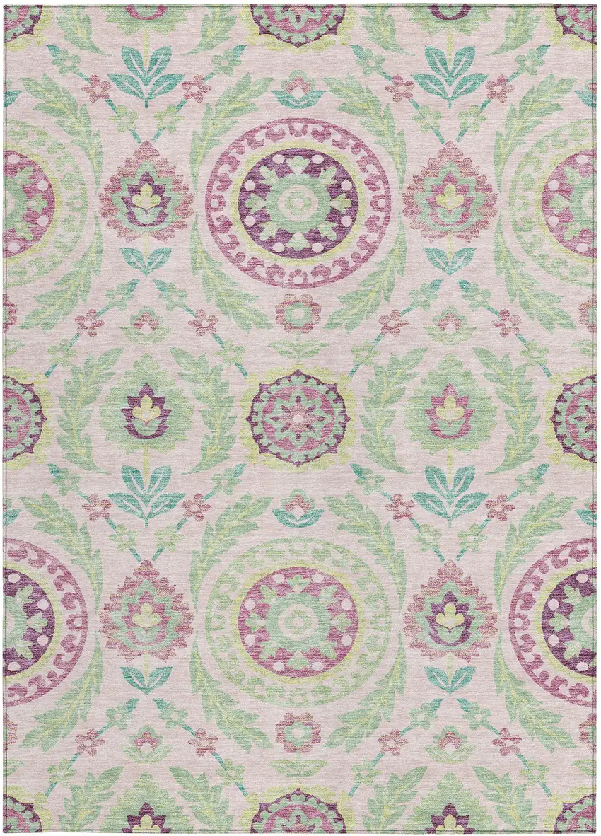 Pink Mauve And Mint Green Floral Washable Indoor Outdoor Area Rug Photo 5