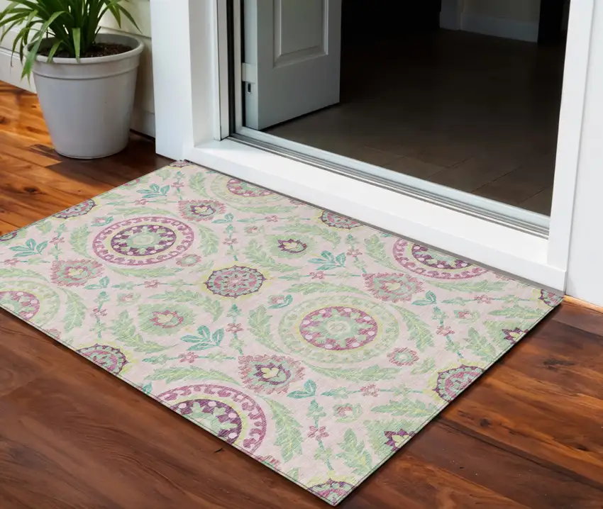 Pink Mauve And Mint Green Floral Washable Indoor Outdoor Area Rug Photo 1