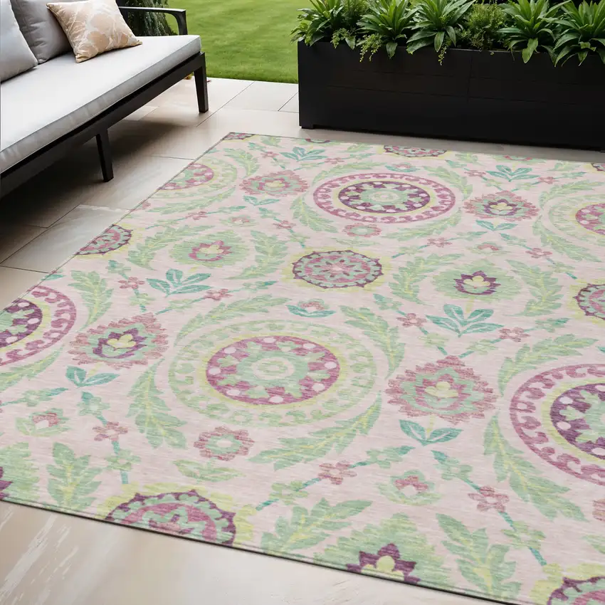 Pink Mauve And Mint Green Floral Washable Indoor Outdoor Area Rug Photo 1