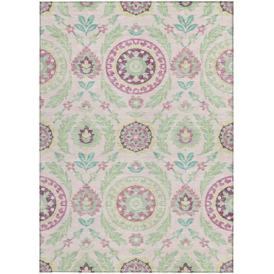 Pink Mauve And Mint Green Floral Washable Indoor Outdoor Area Rug Photo 5