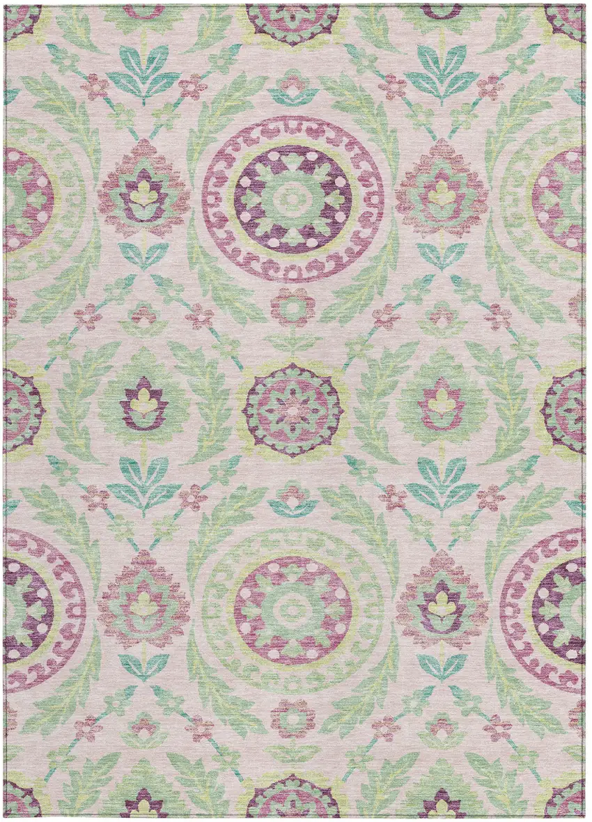 Pink Mauve And Mint Green Floral Washable Indoor Outdoor Area Rug Photo 5