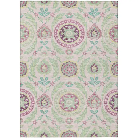 Pink Mauve And Mint Green Floral Washable Indoor Outdoor Area Rug Photo 1