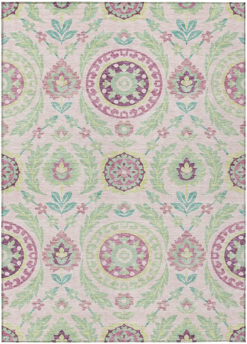 Pink Mauve And Mint Green Floral Washable Indoor Outdoor Area Rug Photo 1