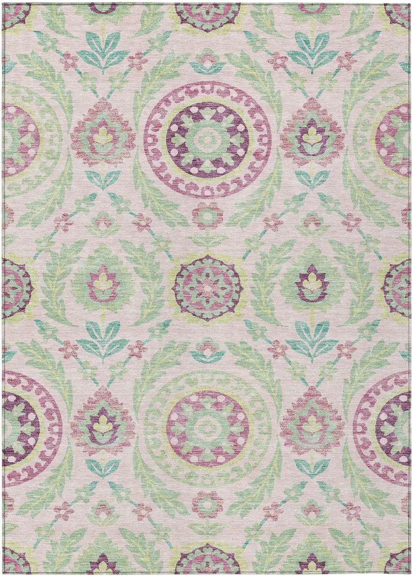 Pink Mauve And Mint Green Floral Washable Indoor Outdoor Area Rug Photo 1