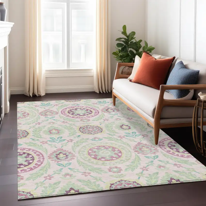 Pink Mauve And Mint Green Floral Washable Indoor Outdoor Area Rug Photo 8