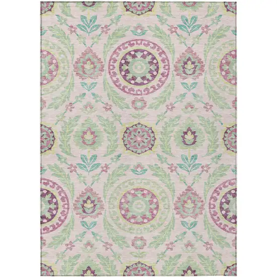 Pink Mauve And Mint Green Floral Washable Indoor Outdoor Area Rug Photo 1
