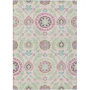 Photo of Pink Mauve And Mint Green Floral Washable Indoor Outdoor Area Rug