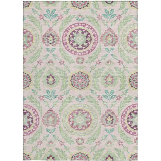 Pink Mauve And Mint Green Floral Washable Indoor Outdoor Area Rug Photo 5