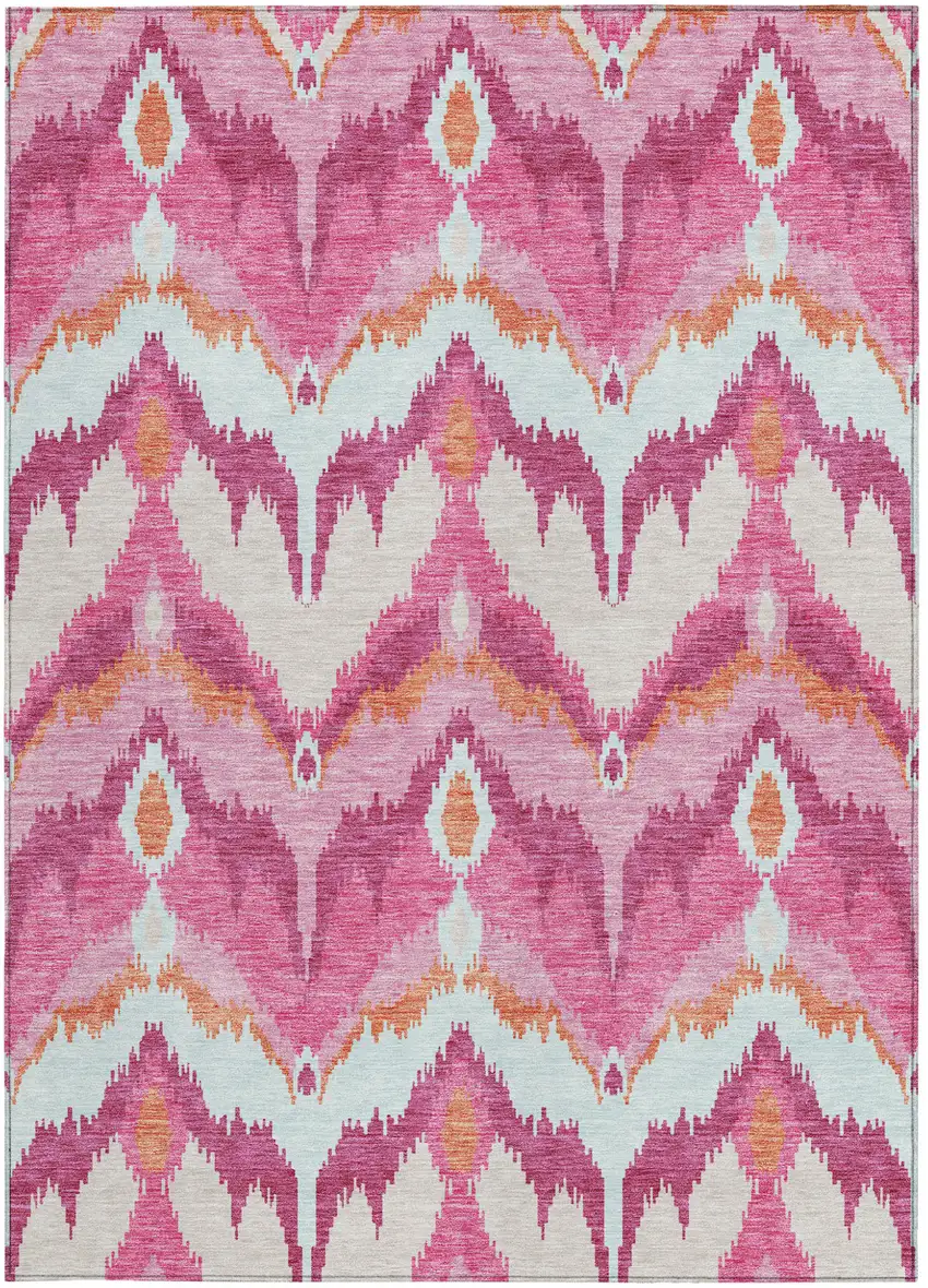 Pink Mauve And Orange Ikat Washable Indoor Outdoor Area Rug Photo 6