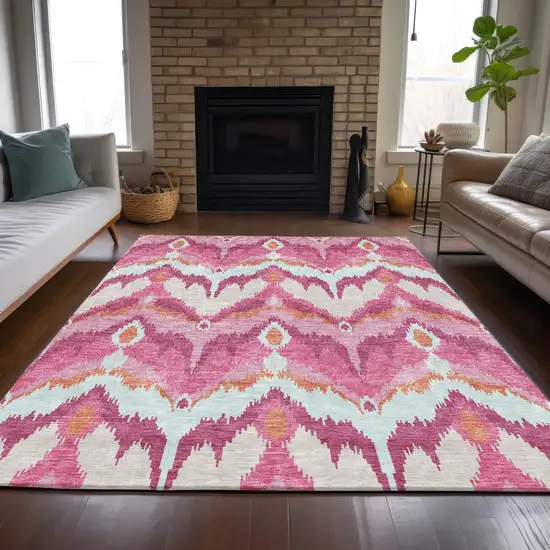 Pink Mauve And Orange Ikat Washable Indoor Outdoor Area Rug Photo 8