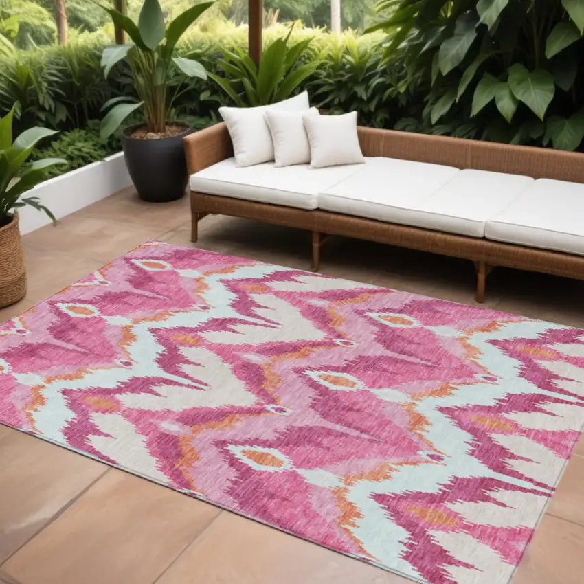 Pink Mauve And Orange Ikat Washable Indoor Outdoor Area Rug Photo 1