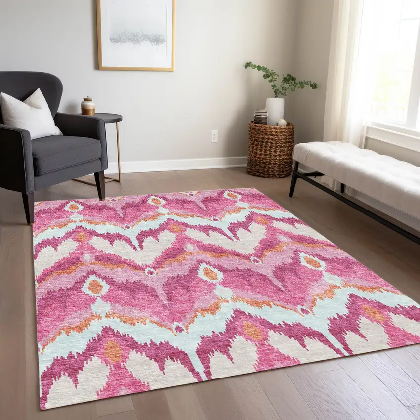 Pink Mauve And Orange Ikat Washable Indoor Outdoor Area Rug Photo 9