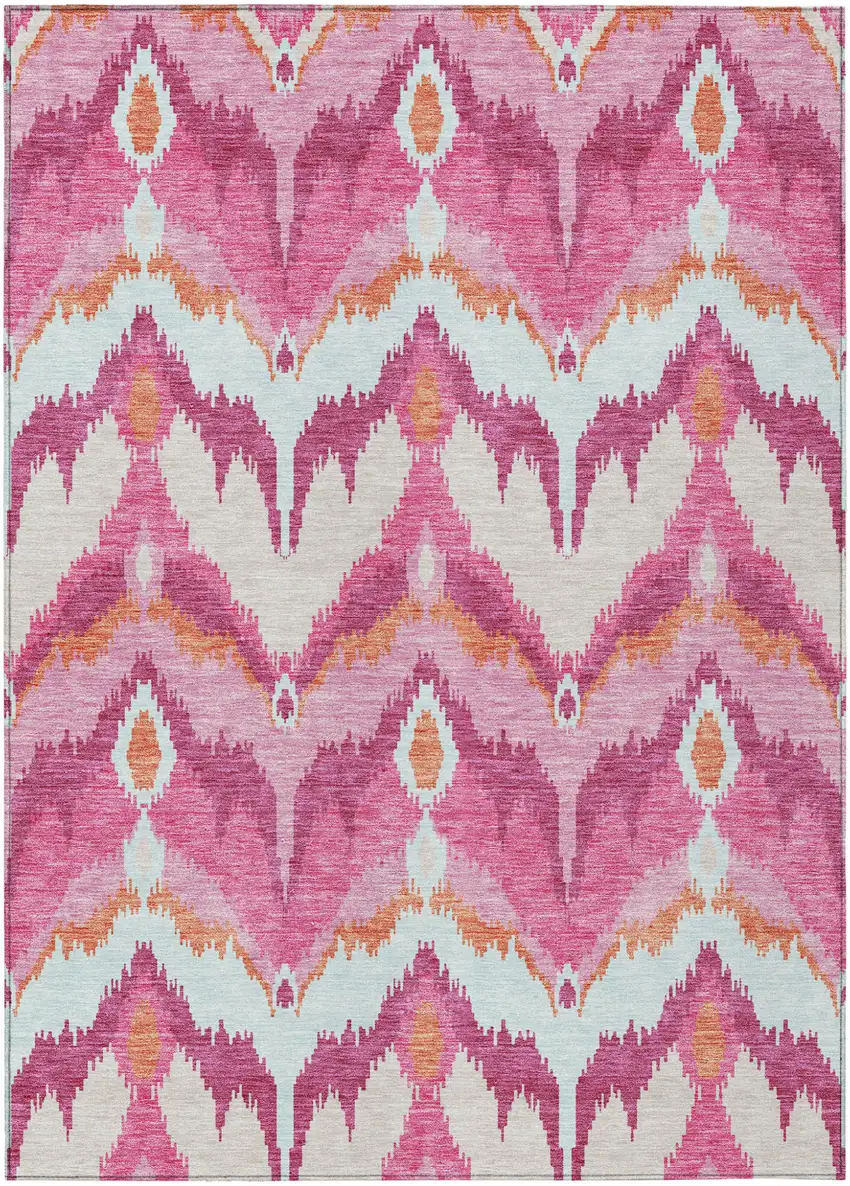 Pink Mauve And Orange Ikat Washable Indoor Outdoor Area Rug Photo 1
