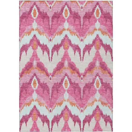 Pink Mauve And Orange Ikat Washable Indoor Outdoor Area Rug Photo 1