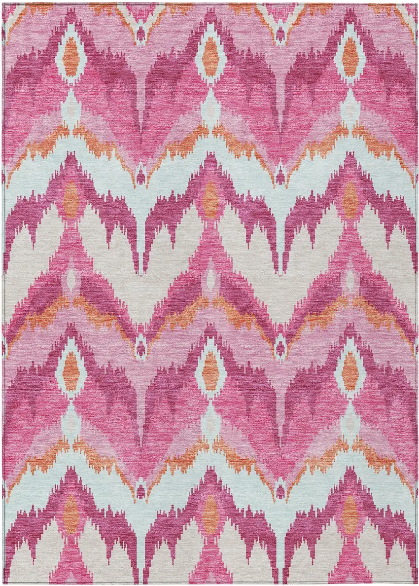 Pink Mauve And Orange Ikat Washable Indoor Outdoor Area Rug Photo 1