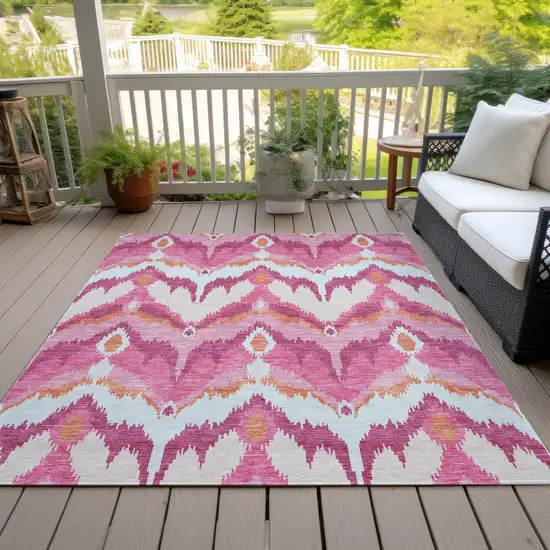 Pink Mauve And Orange Ikat Washable Indoor Outdoor Area Rug Photo 7