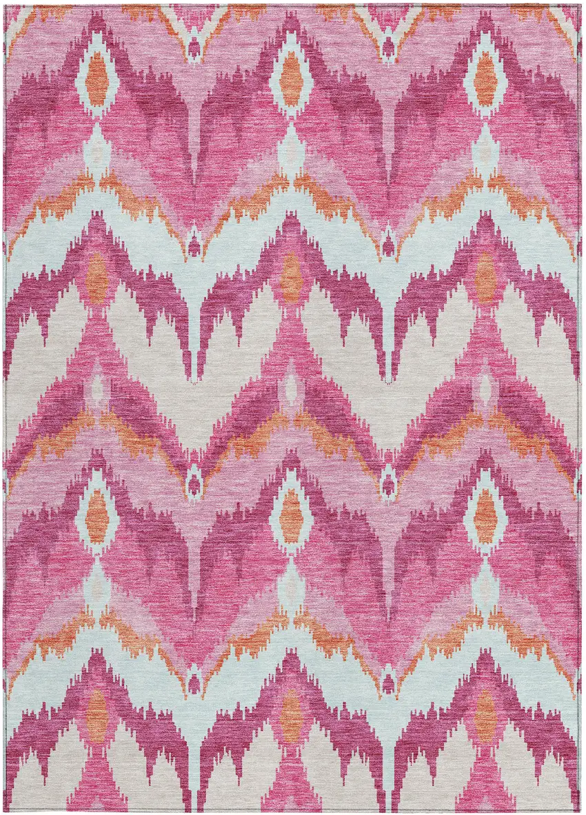 Pink Mauve And Orange Ikat Washable Indoor Outdoor Area Rug Photo 6