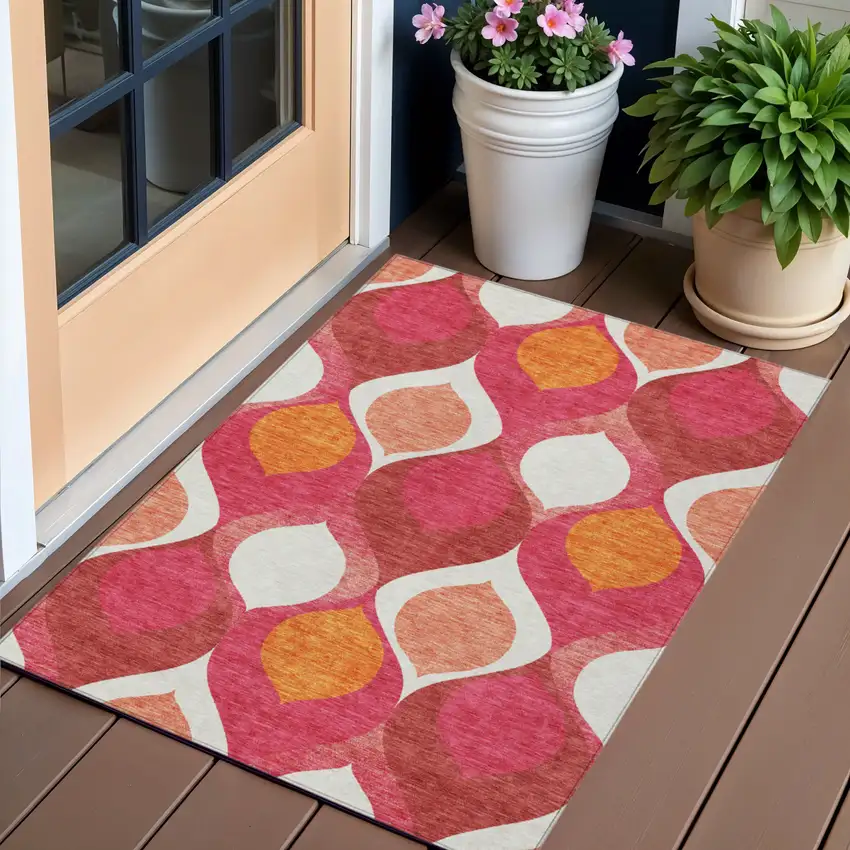 Pink Mauve And Orange Ogee Washable Indoor Outdoor Area Rug Photo 1