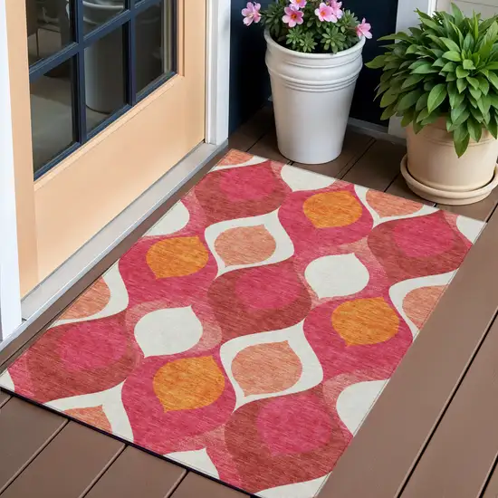 Pink Mauve And Orange Ogee Washable Indoor Outdoor Area Rug Photo 1