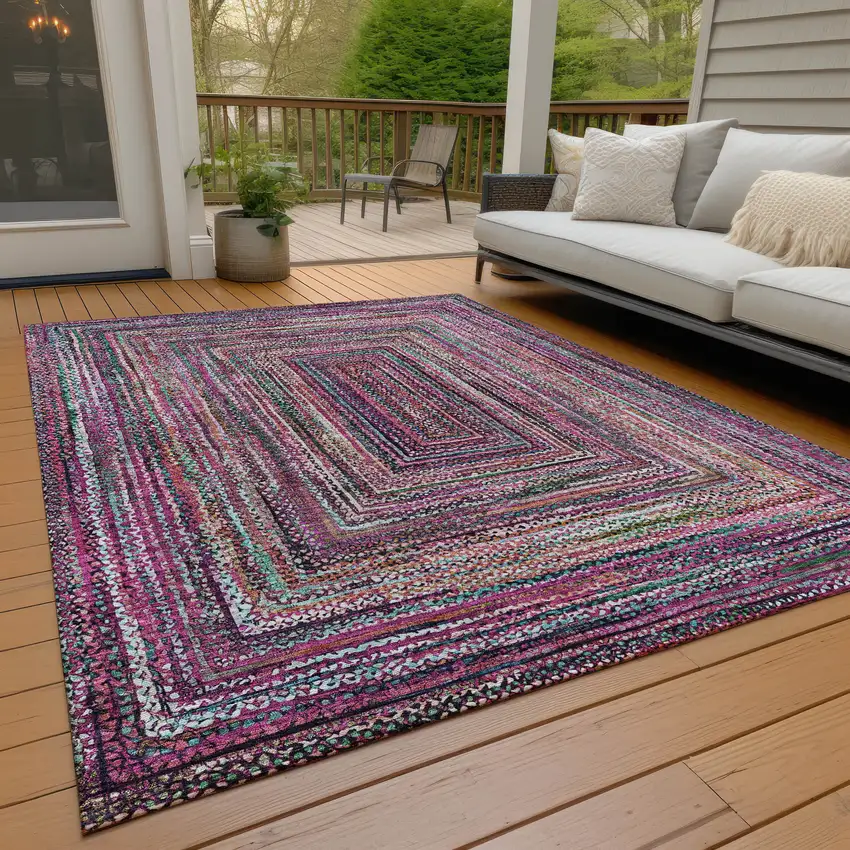 Pink Mauve And Teal Blue Geometric Washable Indoor Outdoor Area Rug Photo 9