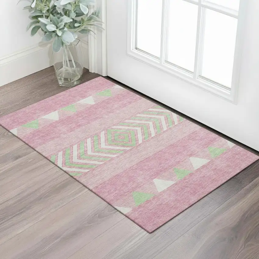 Pink Mint Green And Ivory Southwestern Washable Area Rug With UV Protection Photo 2