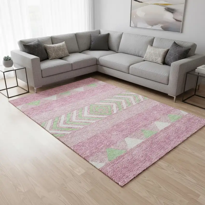 Pink Mint Green And Ivory Southwestern Washable Area Rug With UV Protection Photo 2