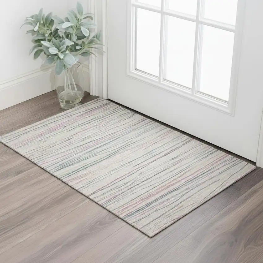 Pink Mint Green And Ivory Striped Washable Area Rug With UV Protection Photo 2