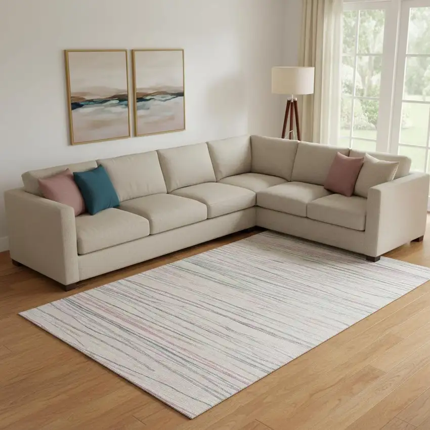 Pink Mint Green And Ivory Striped Washable Area Rug With UV Protection Photo 2