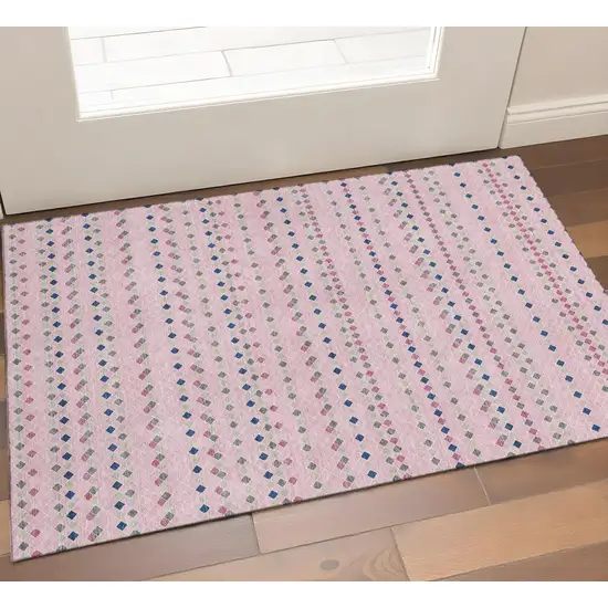 Pink Navy Blue And Gray Striped Washable Area Rug With UV Protection Photo 1