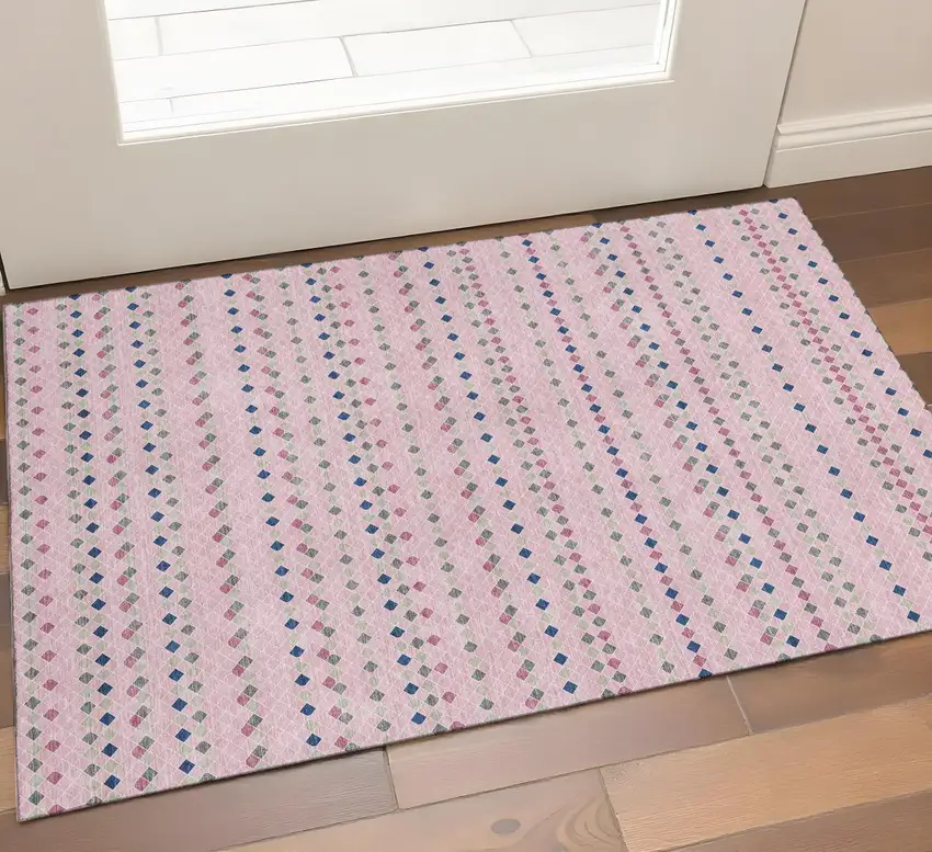 Pink Navy Blue And Gray Striped Washable Area Rug With UV Protection Photo 1