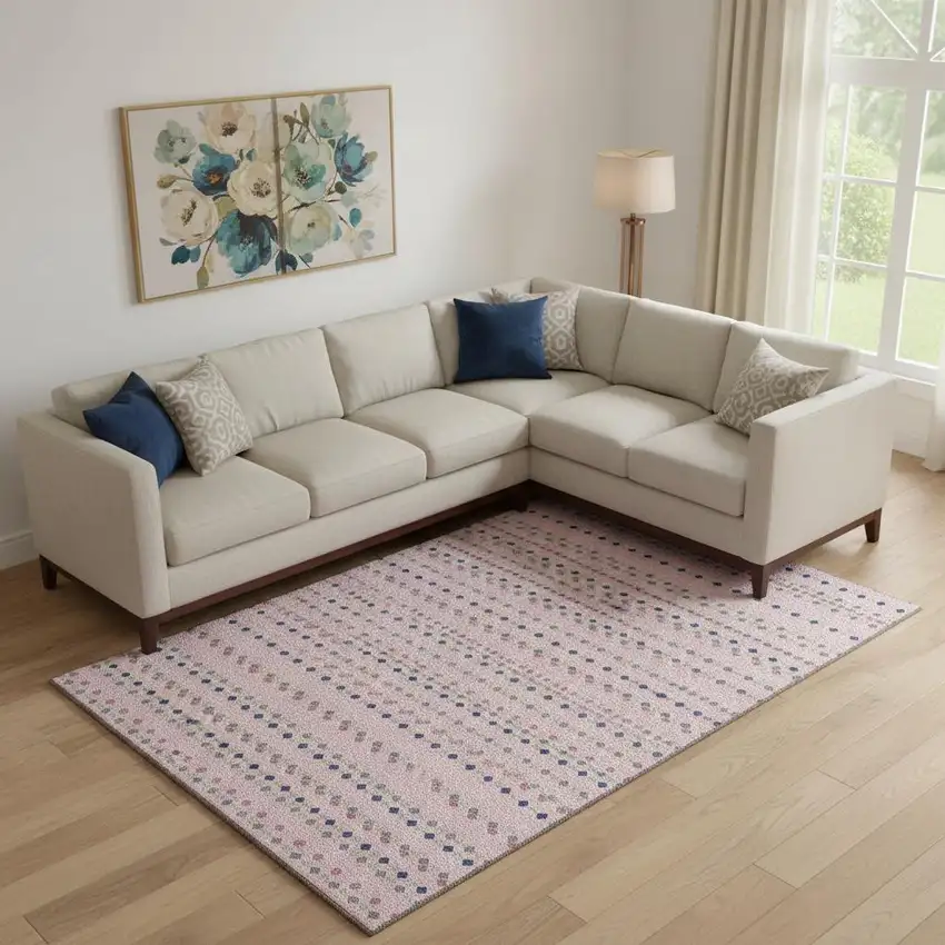 Pink Navy Blue And Gray Striped Washable Area Rug With UV Protection Photo 2