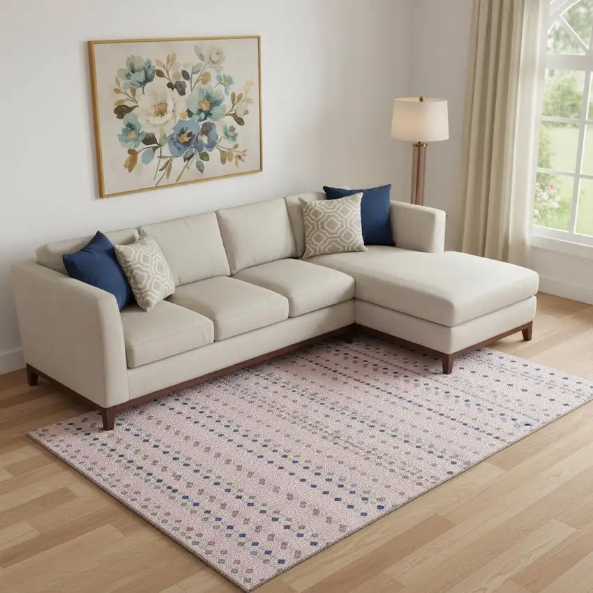 Pink Navy Blue And Gray Striped Washable Area Rug With UV Protection Photo 2